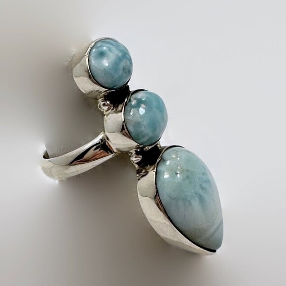 Handcrafted Larimar Sterling Silver Ring: Triple Stone Size 5.5 - Picture 4 of 5